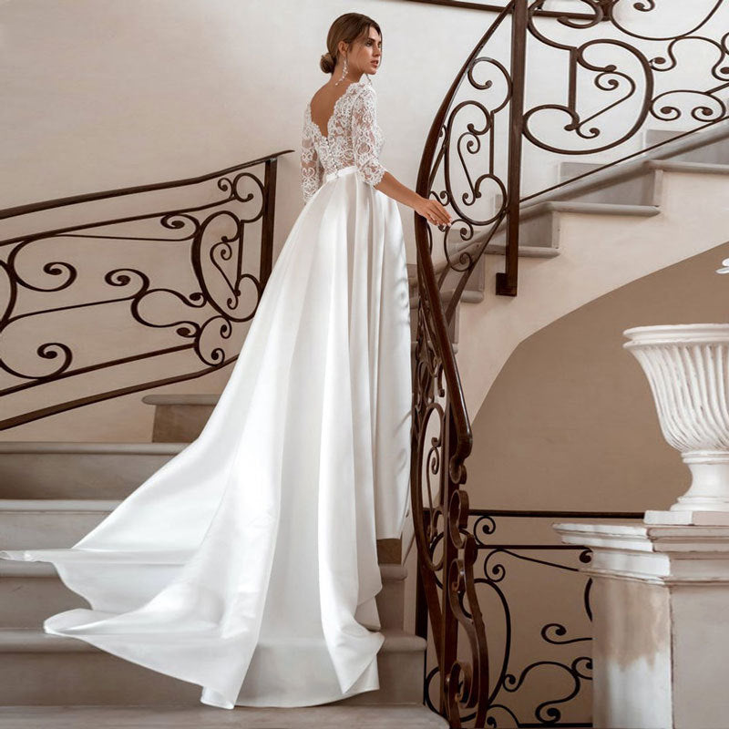 V-neck Lace Elegant Slimming Long Wedding Dress