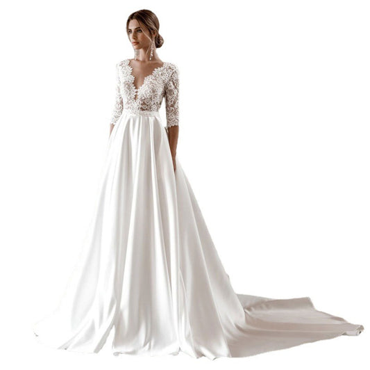 V-neck Lace Elegant Slimming Long Wedding Dress