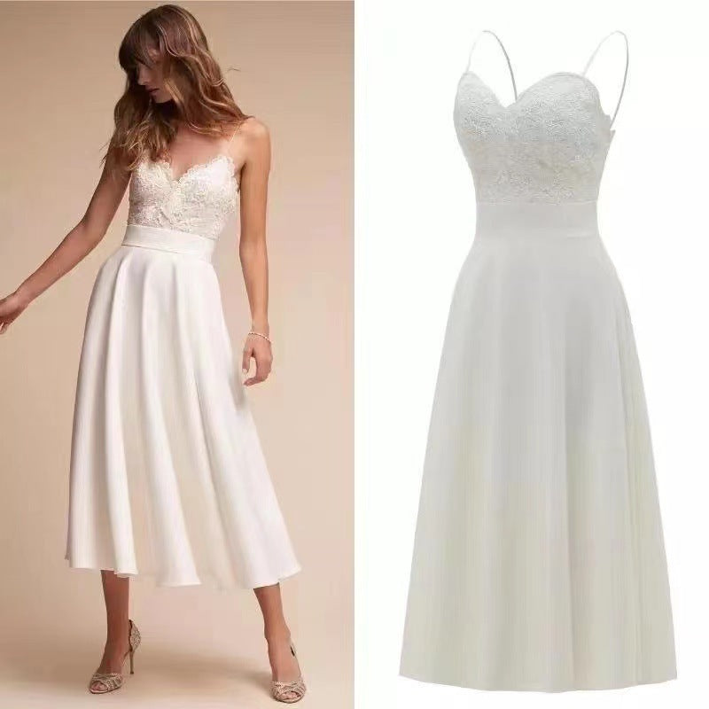 Simple White Suspender Small Bridesmaid Dress Dress