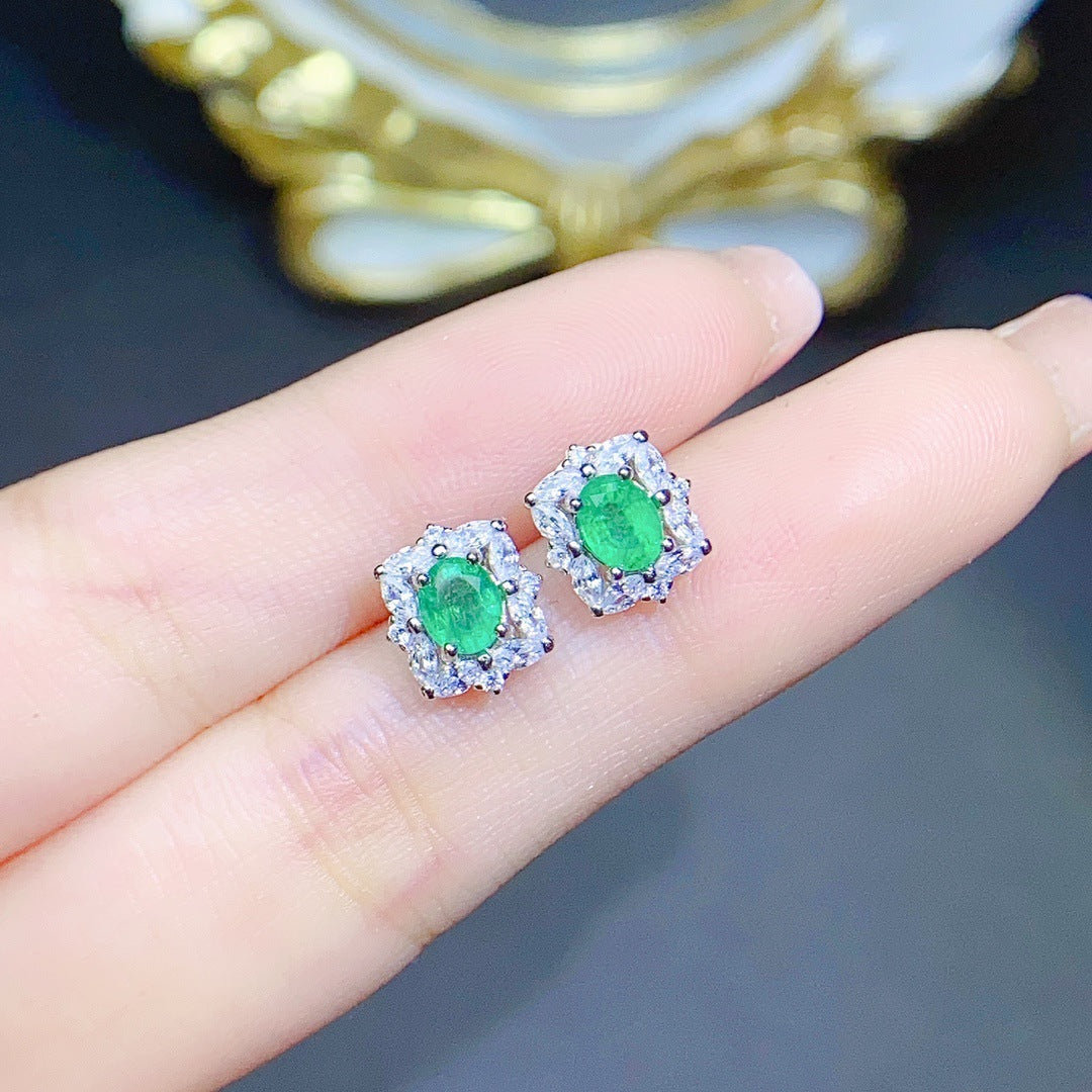 S925 Silver Inlaid Natural Emerald Earrings