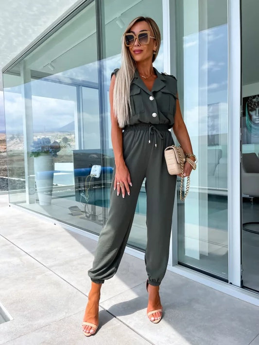 Sleeveless With Cover Patch Pocket Shoulder Button Suit Collar Elastic Waist Casual Jumpsuit Women