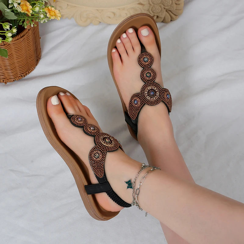 Summer Flat Toe Elastic Sequin Metal Sandals