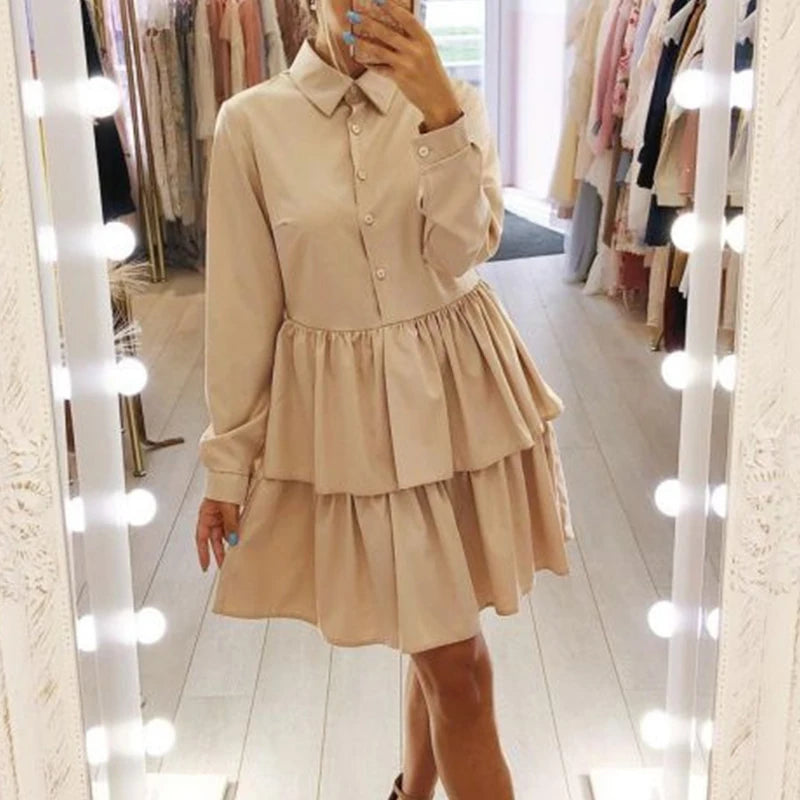 Women Casual Solid Lapel Office Shirt Dress