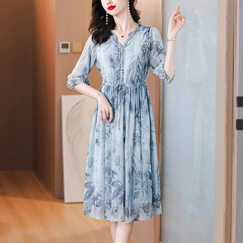 Summer Luxury Silk Floral Casual Beach Midi Dress