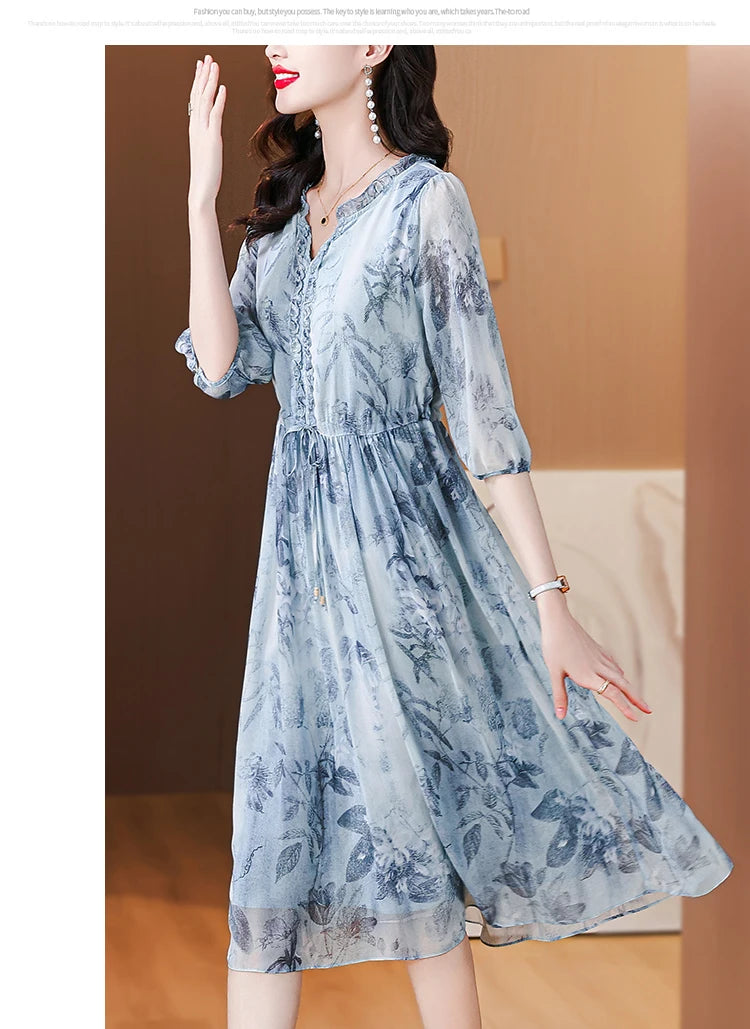 Summer Luxury Silk Floral Casual Beach Midi Dress