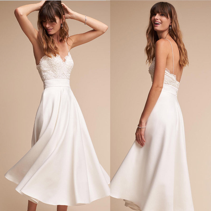 Simple White Suspender Small Bridesmaid Dress Dress