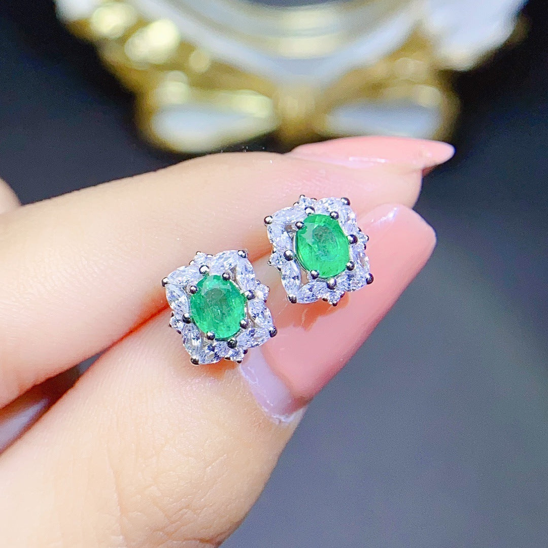 S925 Silver Inlaid Natural Emerald Earrings